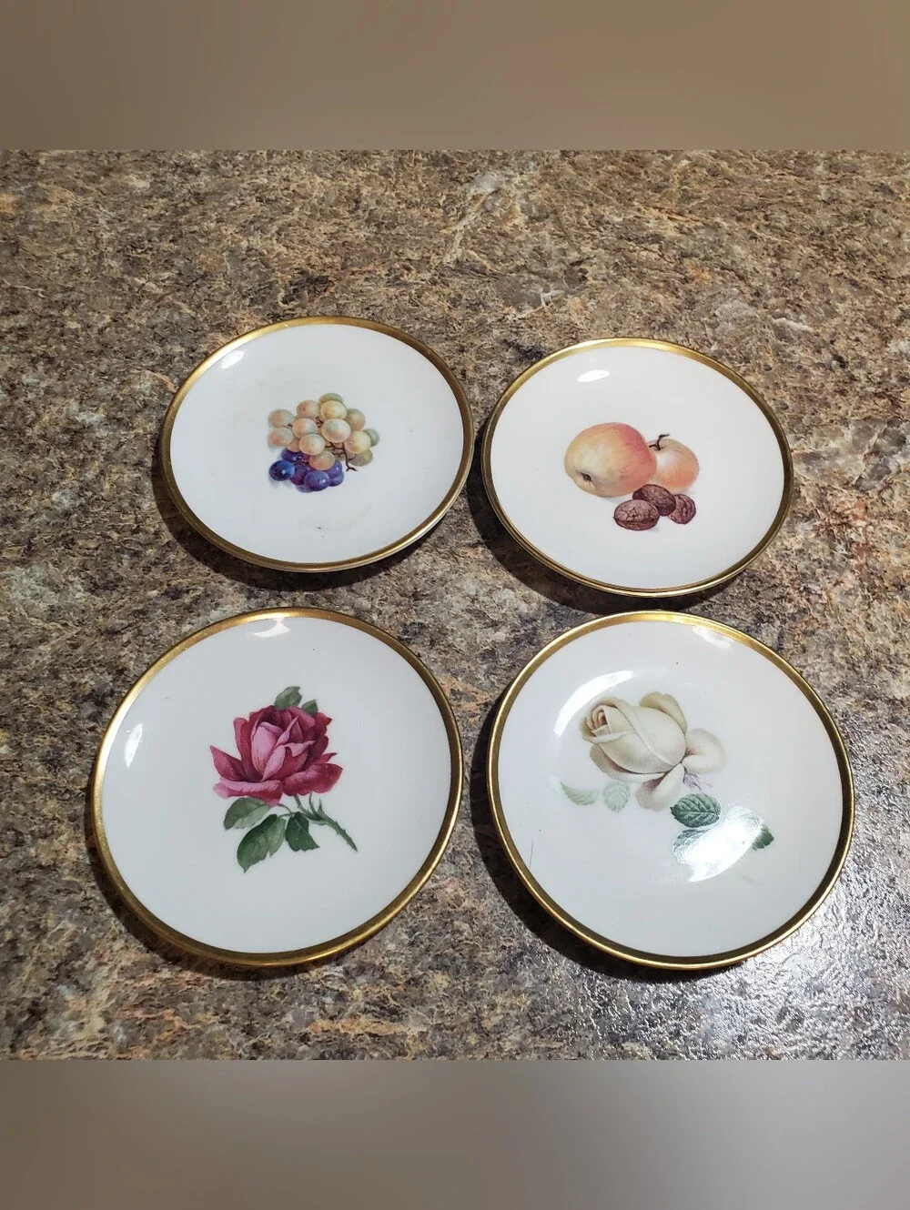 VINTAGE THOMAS BAVARIA GERMANY SET OF 4 FRUIT FLOWERS. GOLD TRIM. PLATES